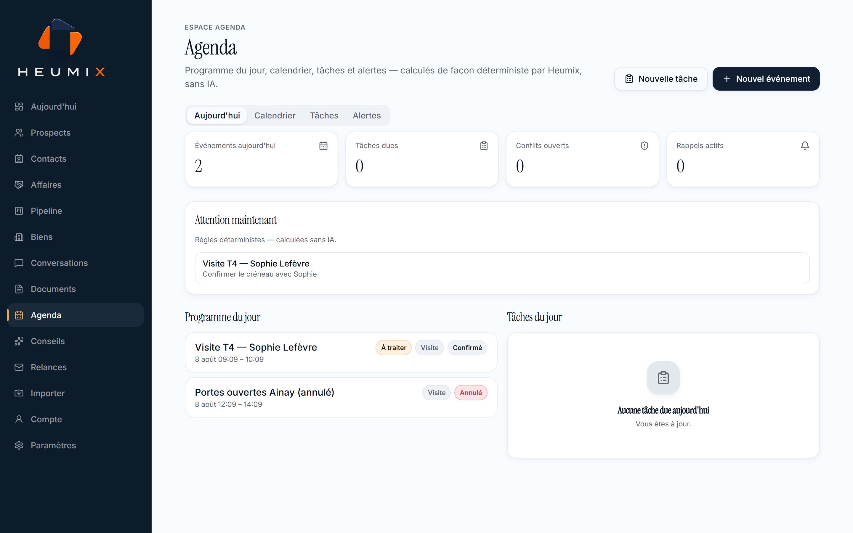 Priorités et agenda Heumix — actions du jour et rendez-vous