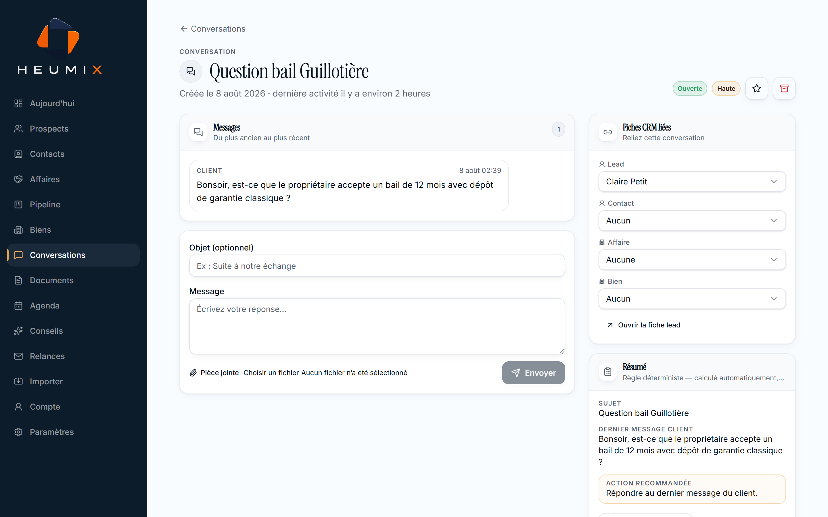 Interface Conversations Heumix — échanges unifiés et insights IA liés au dossier